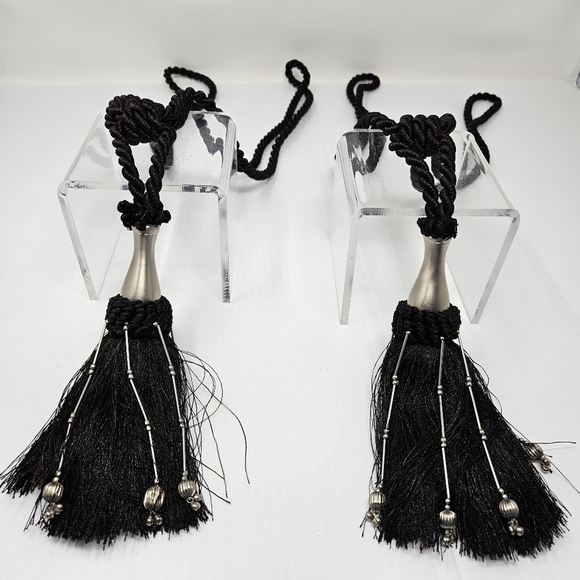 Tassel Curtain Tie Backs Black & Silver Beads Set of 2 Decorator Detail - Picture 4 of 12